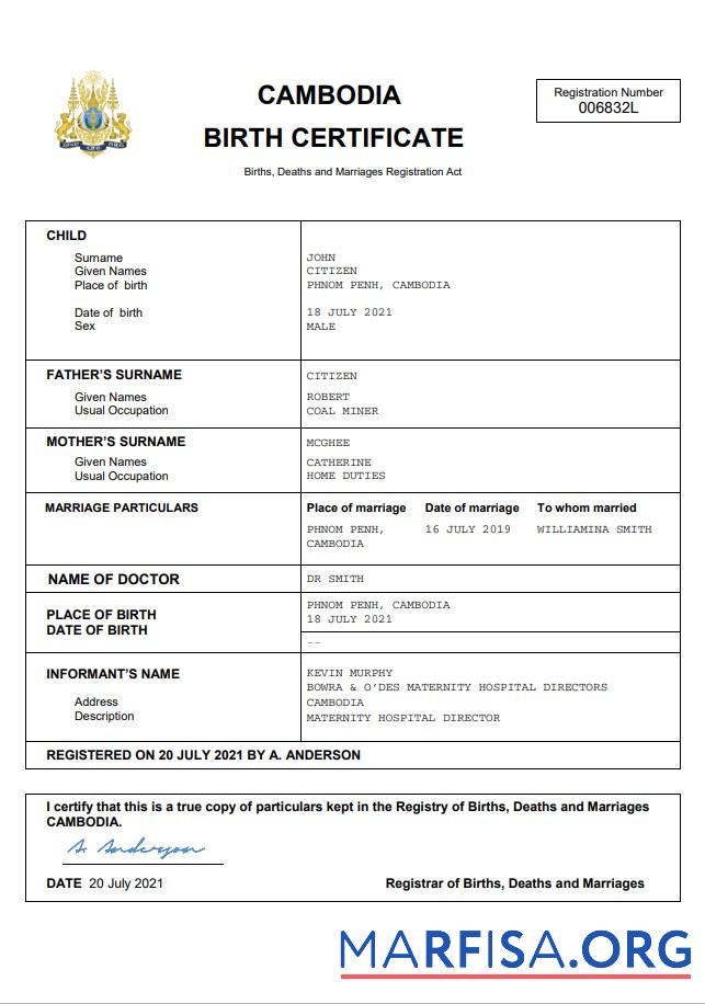 Downloadable Cambodia birth certificate Word and PDF template